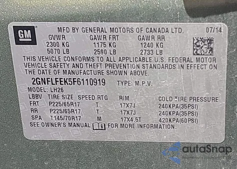 2015 Chevrolet Equinox 1Lt from USA, damaged, VIN 2GNFLFEK5F6110919